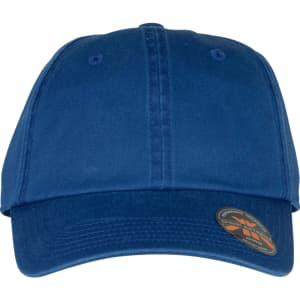 A blue organic washed cotton cap with a rounded brim and a logo on the side.