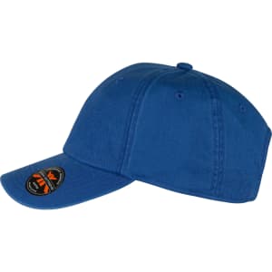 A blue organic washed cotton cap featuring a curved brim and a logo on the side.