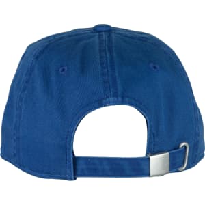 A blue organic washed cotton cap with a back opening and an adjustable strap. Features a logo.