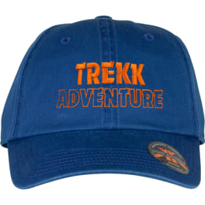 A blue cotton cap with an adjustable strap and a logo featuring the words "TREKK ADVENTURE."