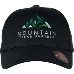 A black cap featuring an embroidered mountain design and a logo on the side.