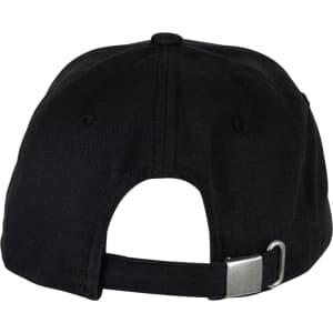 A black organic cotton twill cap featuring a strap adjustment and a logo on the back.