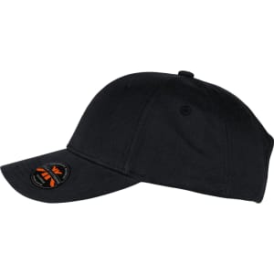 A black organic cotton twill cap with a curved brim and a logo on the side.