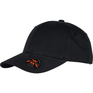 A black organic cotton twill cap featuring a logo on the front and a curved brim.