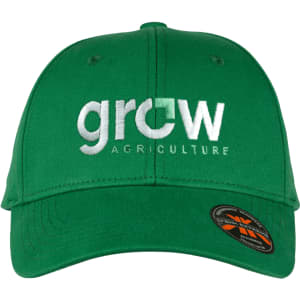 A green cotton twill cap with a logo on the front. The cap features a curved brim and adjustable strap.