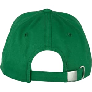 A green organic cotton twill cap featuring a strap at the back and a logo on the side.