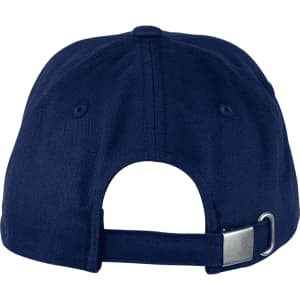 A navy blue cotton twill cap featuring a rear adjustable strap and a logo on the side.