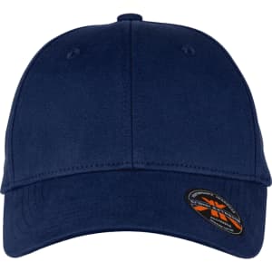A navy blue organic cotton twill cap featuring a logo on the side.