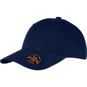 A navy cap with a curved brim and a circular logo on the front. It features a structured design.
