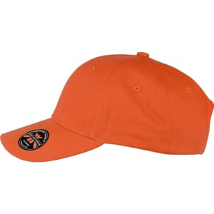 An orange organic cotton twill cap featuring a round logo on the front.
