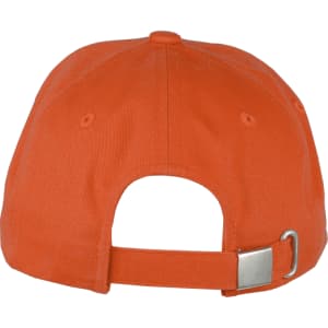 An orange cotton twill cap with an adjustable strap and a branding logo on the back.