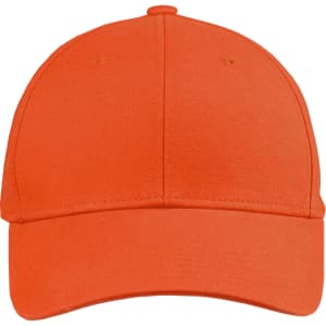 An orange organic cotton twill cap featuring a structured design and a logo on the front.