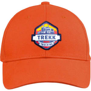 An orange cap featuring a logo on the front. It has a curved brim and an adjustable strap at the back.