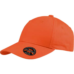An orange organic cotton twill cap with a rounded peak and a branded logo on the front.