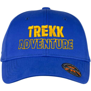 A blue cap with yellow embroidered text, featuring a logo on the side. Ideal for casual wear.