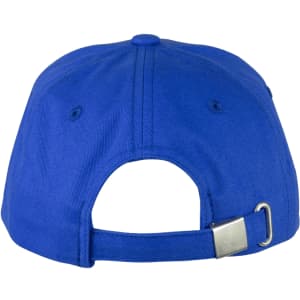 A blue organic cotton twill cap with a curved brim and an adjustable strap at the back. It features a logo.