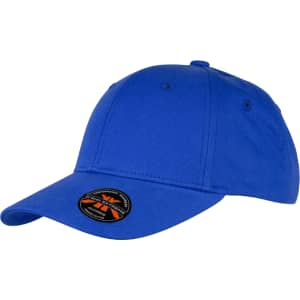 A blue organic cotton twill cap featuring a curved brim and a logo on the side.