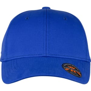 A blue organic cotton twill cap with a curved brim and a logo on the side.