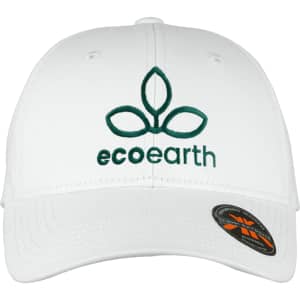 A white cotton twill cap featuring an embroidered logo in green. The cap has a curved brim and adjustable back.