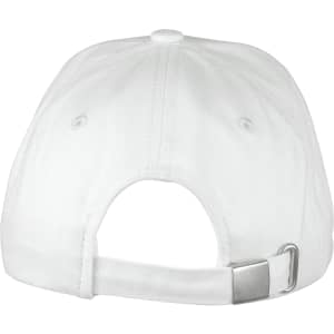 A white organic cotton twill cap featuring a back strap adjustment and a logo.