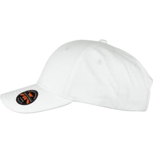 A white organic cotton twill cap featuring a decorative logo on the brim.