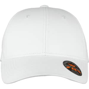 A white organic cotton twill cap featuring a curved brim and a logo on the side.