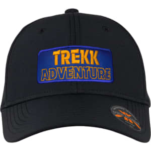 A black cap featuring a blue patch with yellow text and a logo on the side.