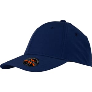 A navy blue cap featuring a curved brim and an attached logo on the front.