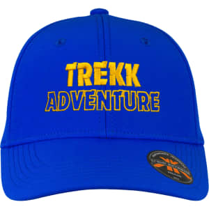 A blue cap featuring yellow embroidered text and a logo on the front.