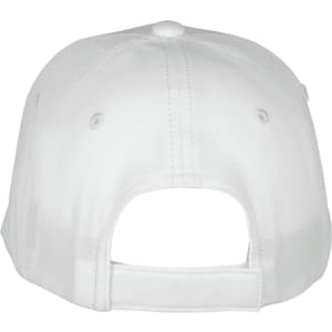 A white Falcon Flex Cap featuring an adjustable strap and a button on the top, with a logo at the back.