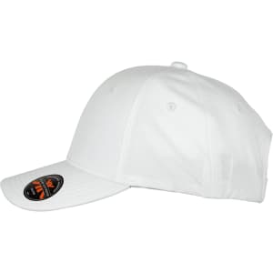 A white Falcon Flex Cap displayed from the side, featuring a black logo on the front.