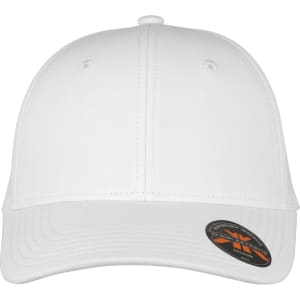 A white Falcon Flex Cap with a structured design and a logo on the side.