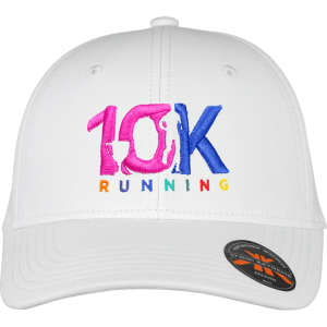 A white cap featuring a multicoloured embroidered design with the text "10K RUNNING" and a logo.