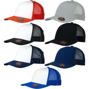 A collection of Turbine Trucker Caps in red, grey, white, black, and blue, featuring mesh backs and branding.