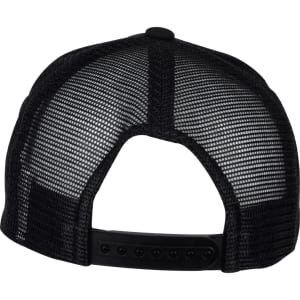 A black trucker cap featuring a mesh back and an adjustable strap. It has a logo on the front.