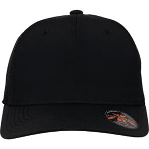 A black trucker cap featuring a mesh back and a rounded visor, with a logo on the front.
