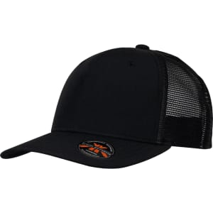 A black trucker cap featuring a solid front panel and a mesh back, including a logo on the front.