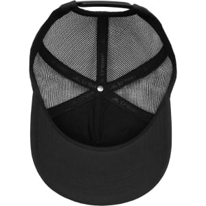 A black trucker cap featuring a curved visor and mesh back, with a logo inside.