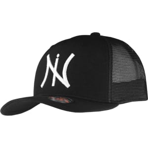A black trucker cap with a mesh back and a prominent white logo on the front.