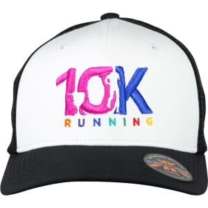 A white and black trucker cap featuring a multi-coloured logo with the text "10K RUNNING." It has a mesh back.