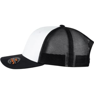 A black and white trucker cap featuring a mesh back and a circular logo on the front.