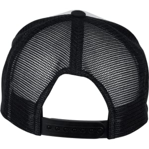 A black and grey trucker cap featuring a mesh back and adjustable snap closure. Contains a logo on the front.