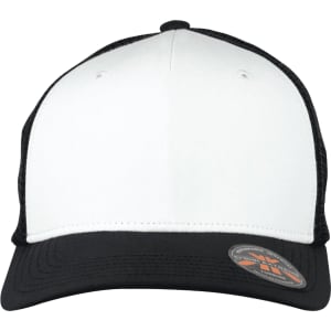 A trucker cap featuring a white front and black mesh back, with a curved visor and logo on the side.