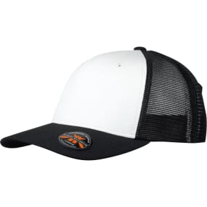 A black and white Turbine Trucker Cap featuring a mesh back and a circular logo on the front.