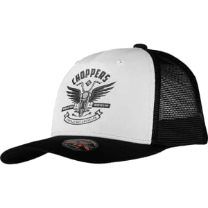 A black and white trucker cap featuring a logo and a design related to motorcycles.