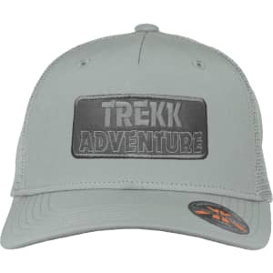 A grey trucker cap featuring a black rectangular patch with a logo, designed for outdoor adventures.