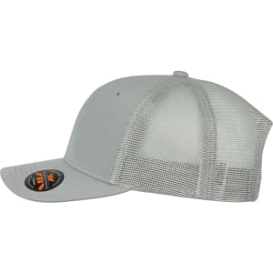 A grey trucker cap with a mesh back and a logo on the front.
