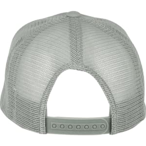 A light grey trucker cap featuring a mesh back and adjustable strap. Includes a logo on the exterior.