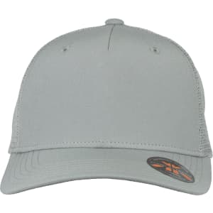 A grey trucker cap with a mesh back and a branded logo on the side.