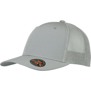 A grey trucker cap with a mesh back and a logo on the side.